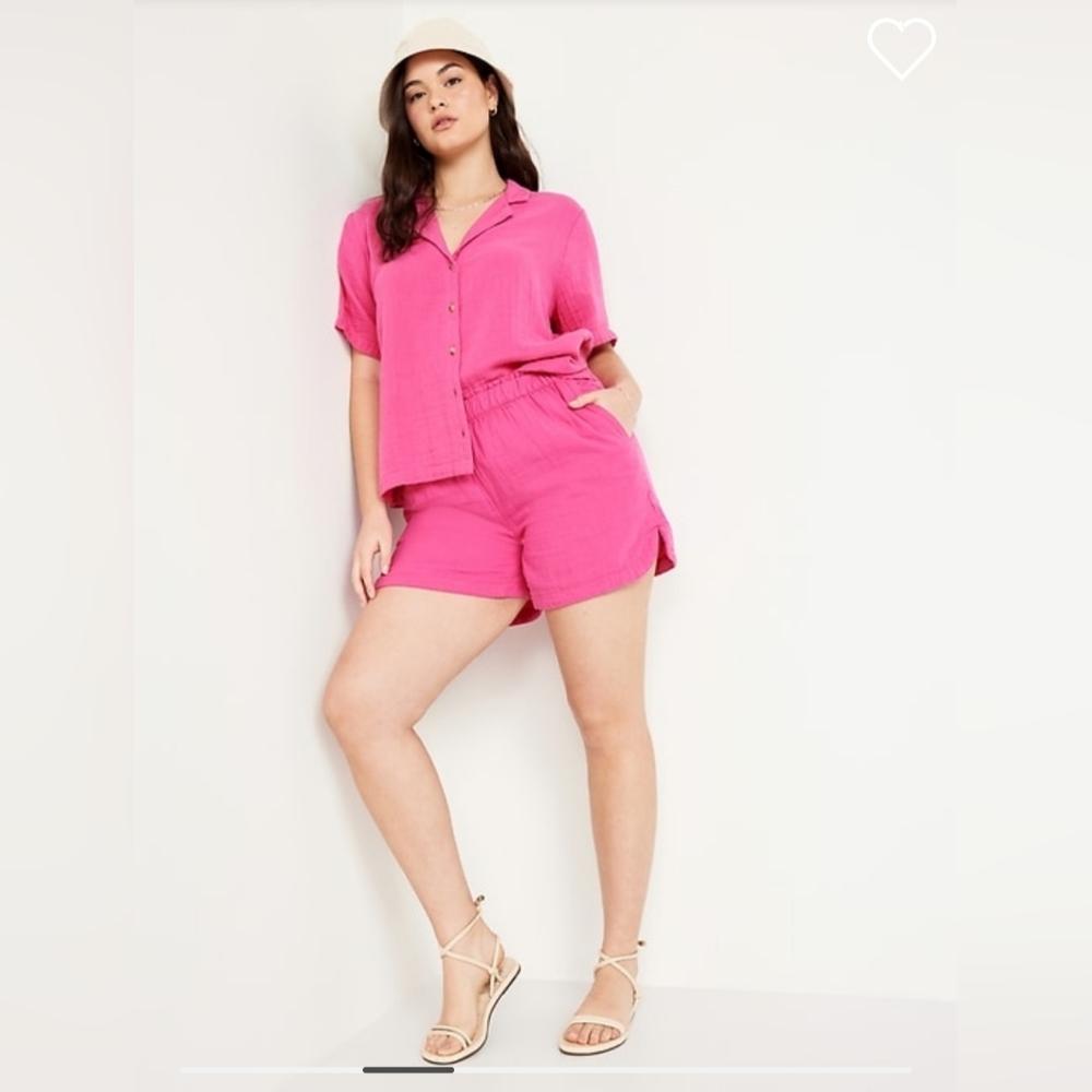 Crinkle gauze button-down top and shorts set